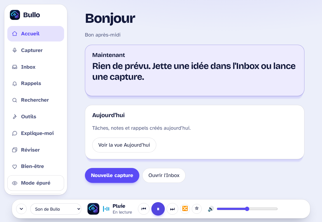 Écran d'accueil de Bullo avec le lecteur de fond sonore en bas