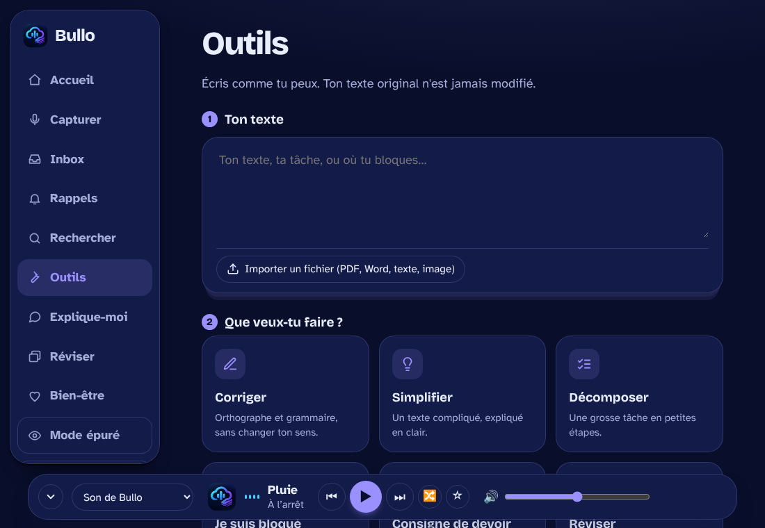 Les outils de Bullo en thème sombre