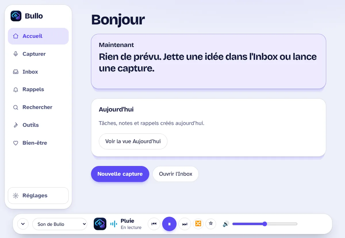 L'écran d'accueil de Bullo
