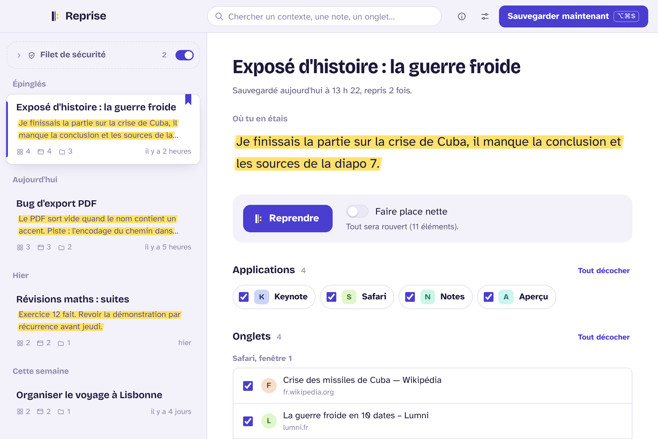 La fenêtre principale de Reprise, avec un contexte « Exposé d'histoire » et sa note surlignée
