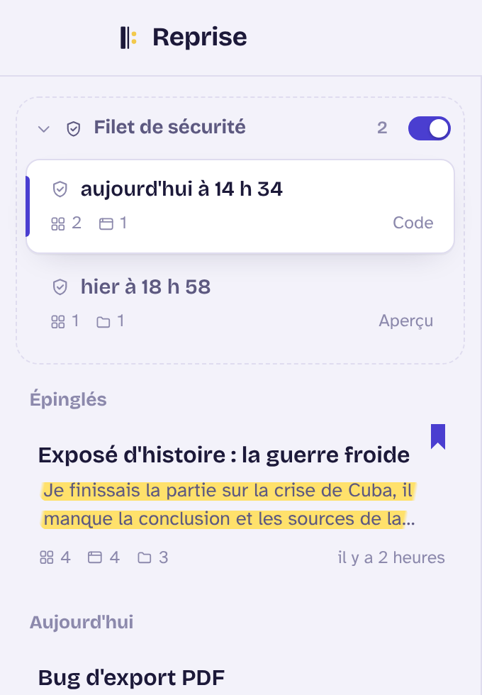 Le dossier « Filet de sécurité » déplié, avec deux sauvegardes automatiques et son interrupteur